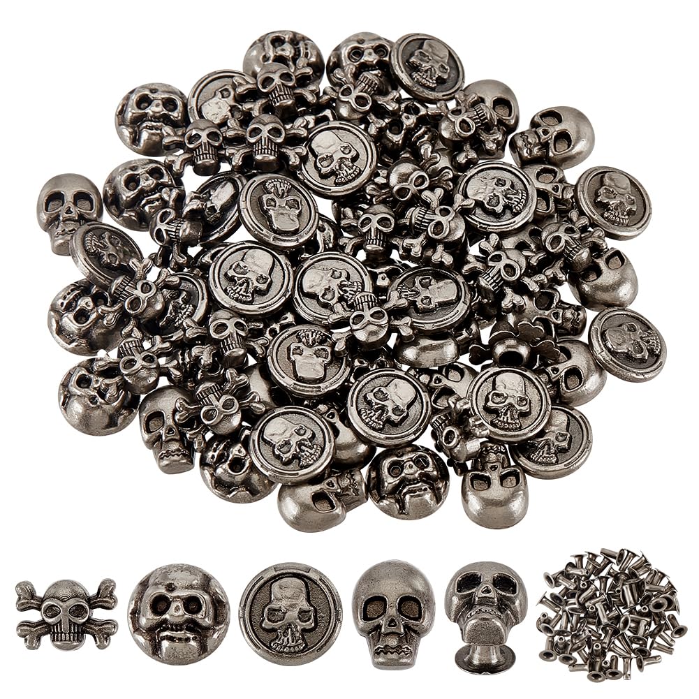 PH PandaHall 80pcs 4 Styles Skull Head Rivets Studs, Decorative Rivet Studs Buttons Spike Studs Skull Head Skeleton Ghost Rivet for Halloween Leather Bracelets Bags Belts DIY Craft Making