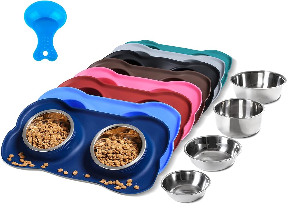 Hubulk 2 Stainless Steel Pet Bowls No Spill Non-Skid Mat Medium Navy