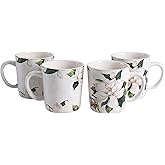 Bico Magnolia Floral Ceramic Coffee Mugs Set of 4, 18 oz Large Tea Cups with Handle, Aesthetic Latte Mugs for Cappuccino Cocoa, Lead-Free, Dishwasher and Microwave Safe, Housewarming Gift