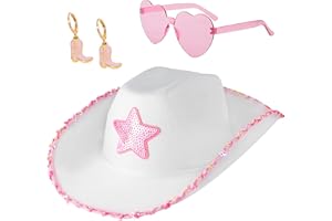 D-Fokes White Cowgirl Hat with Pink Heart Glasses and Earrings - Cowboy Hat with Sequin Stars, Princess Hat Halloween Cosplay Props, Vintage Cowgirl Costume Accessory Party Hat, Fits Most Girls Women