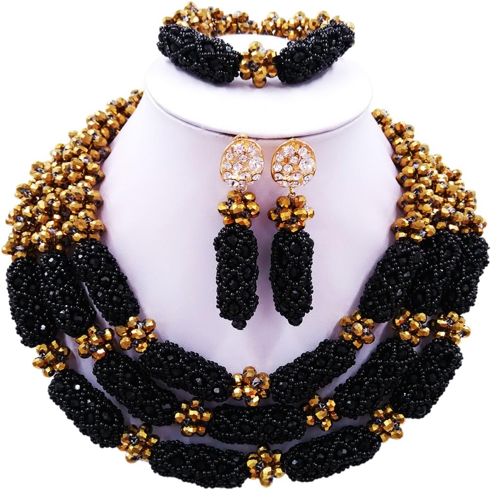 aczuv Nigerian Beaded Necklace Crystal Jewelry Sets African Wedding Beads for Brides Bridesmaids