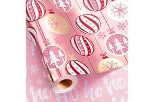 MAYPLUSS Christmas Wrapping Paper Roll - 17 Inch X 33 Feet - Pink Christmas Bell Tree Snowflake Star Reversible HO Gift Wrapping Paper, Thick Wrap Paper for Holiday Party New Year Kids