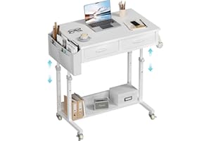 WINAZ Small White Portable Adjustable Rolling Kids Desk with Drawers & Storage Shelf, 32 Inch Mobile Standing Vanity Desks with Wheels, Couch Sofa Side Laptop Craft Table for Bedroom Home Office