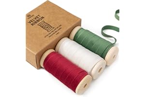Vitalizart Christmas Velvet Ribbon Set 3/8" x 15 Yd Wooden Spool Fabric Trim 3 Rolls * 5 Yd for Christmas Wreath Decoration Handmade Craft Ornaments Gift Wrapping & Bow Making