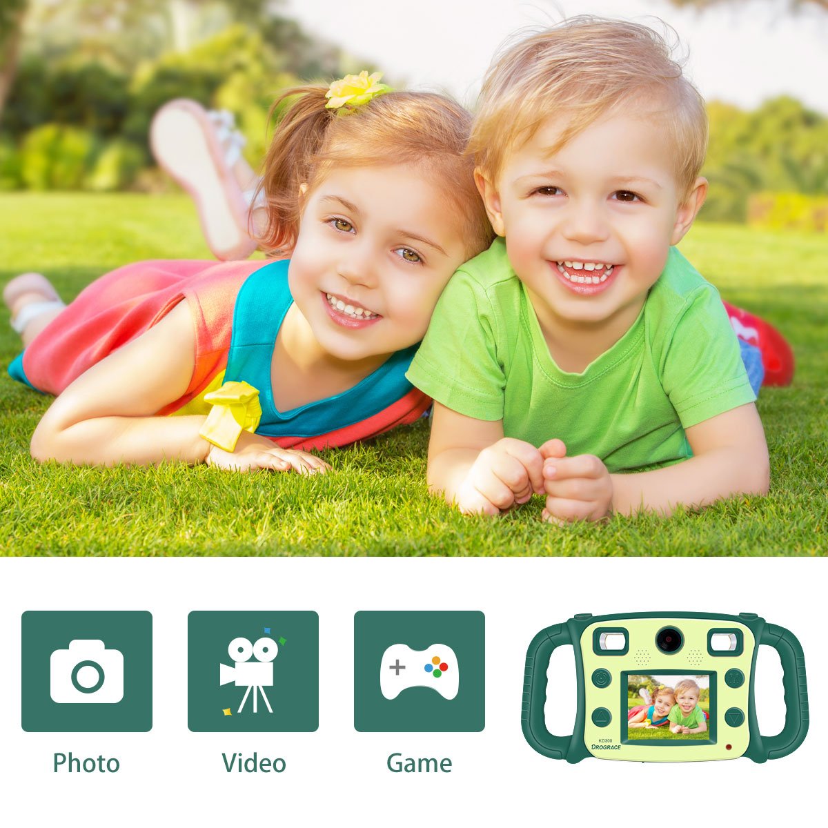 DROGRACE Kids Camera 1080P HD Kids Digital Video Camera Selfie Camera Sports Cam for Girls Boys Birthday Holiday Gift Children Camera with 2 inch LCD Screen – Green