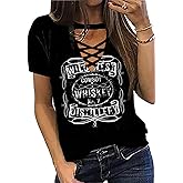 Cowboy Whiskey Criss-Cross Hollow Out T-Shirt Women Western Country Music Shirt Vintage Cowgril Short Sleeve Tops