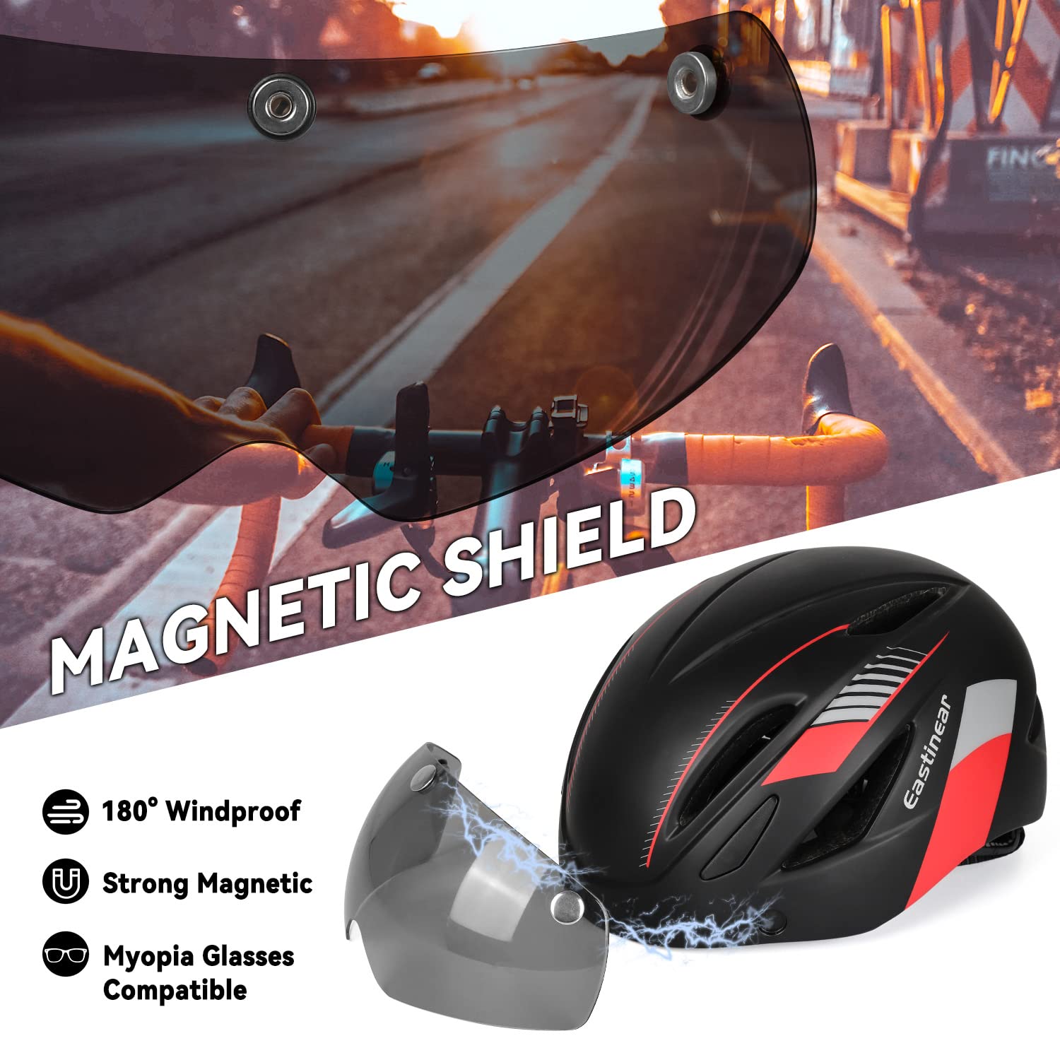 EASTINEAR Adults Bike Helmet Magnetic Goggle Cycling Helmet with USB Rechargeable Taillight for Men Women Mountain & Road Bicycle Helmet Magnetic Shield
