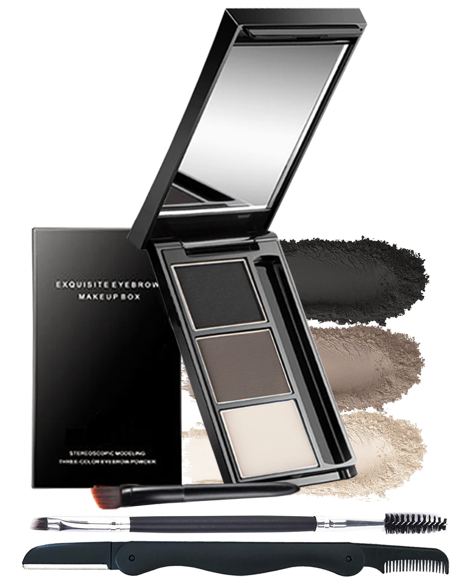 Eyebrow Powder Makeup Kit-3 Colors Eye Brow Tint Powder Palette Long-Lasting Waterproof, Black Brown Series EyeBrow Filler, Fill & Sculpt Full Brows,With Mirror,Brow Tool, Vegan & Cruelty Free-Set 01