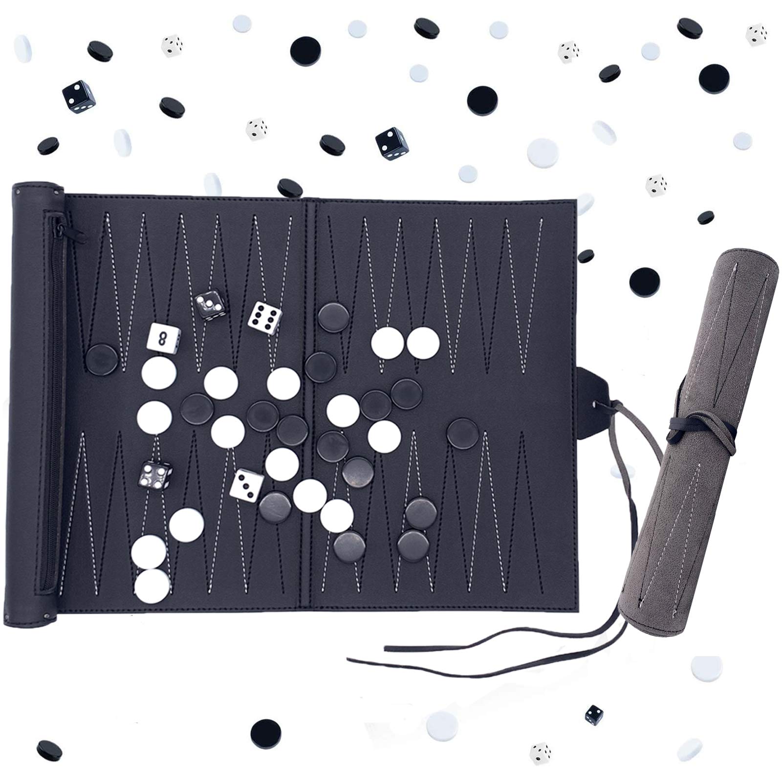 Travel Backgammon Set Roll-up Chess Set- PREMIUM Genuine Leather Travel Backgammon Set Board Party Games and Travel Games Gift for 15+Ages Families