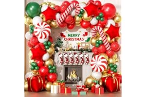 EICUECUE Christmas Balloons Garland Arch Kit - 157Pcs Different Size Red White Green Metallic Gold Balloons, Candy, Cane, Red Star, Gift Box Foil Balloon for Xmas Christmas Lollipop Party Decorations