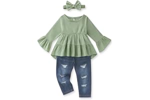 FoWear Toddler Girl Clothes Long Sleeve Ruffle Dress Top and Jeans Pants Toddler Girl Fall Outfits