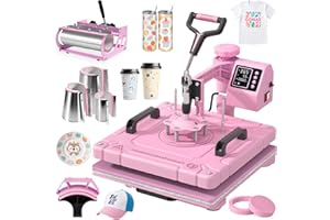 Slendor 8 in 1 Heat Press Machine 15x15 inch 360-Degree Swing Away Digital T Shirt Pressing Machine Multifunction Heat Transfer Sublimation Combo for T Shirts Mugs Hat Plate Cap,Pink