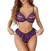 Avidlove Women's Lingerie Sets Cute Mesh Sheer Lingerie Set See Through Panty Bra Lace 2 Pc Underwear (Purple, Large)