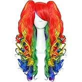 JoneTing Rainbow Ponytail Wig【+Hair Cap】 Rainbow Cosplay Wig with Pigtails Curly Rainbows Hair with Double Ponytails Long Curly Multicolor Wigs for Halloween Christmas Party Costume for Cosers