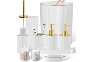 White and Gold Bathroom Accessories Set, 10PC Bathroom Set, Bath Accessory with Pop Up Trash Can, Soap Dispenser, Toilet Brus