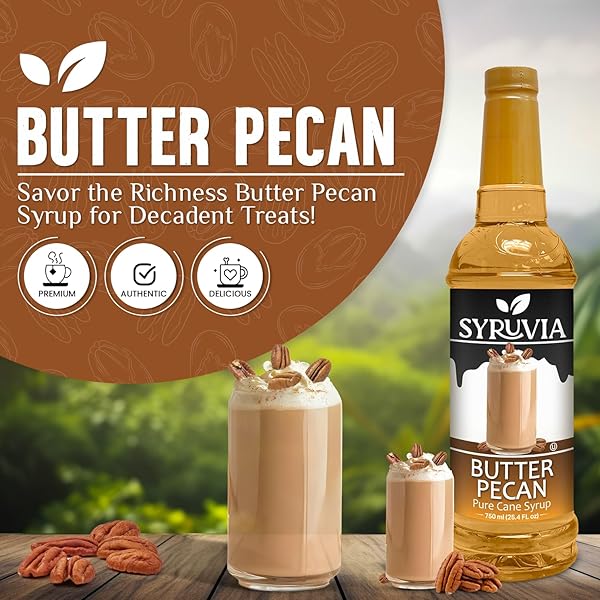 SYRUVIA COFFEE SYRUP, BUTTER PECAN FLAVORED SYRUP FOR DRINKS, LATTES, AND DESSERTS – 25.4 FL OZ