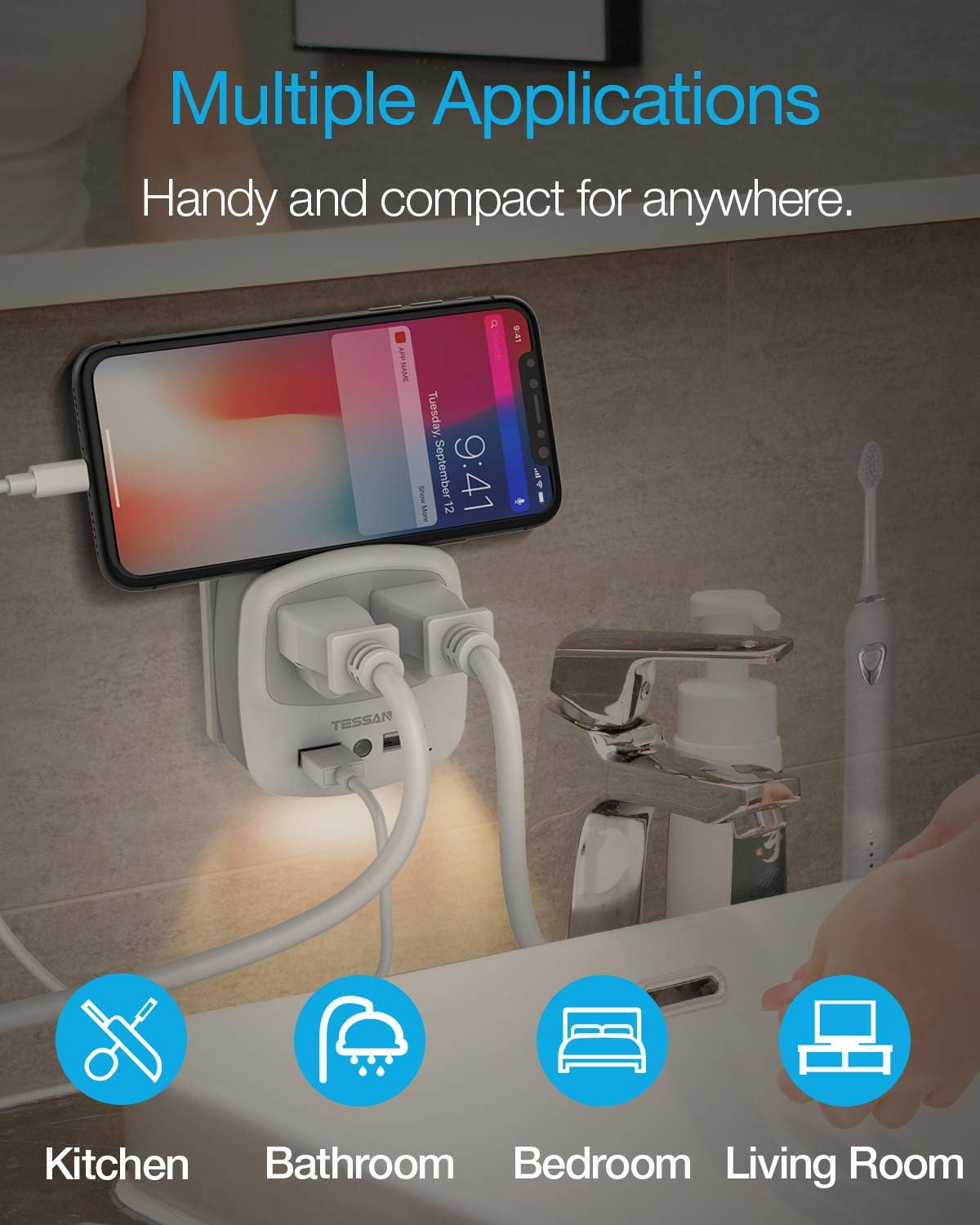 USB Outlet Plug Extender, TESSAN Power Outlet Expander with USB Wall Charger and Night Light Adapter for Travel Cruise Essentials, Mini Phone Charger with Multiple Outlet Splitter - - 