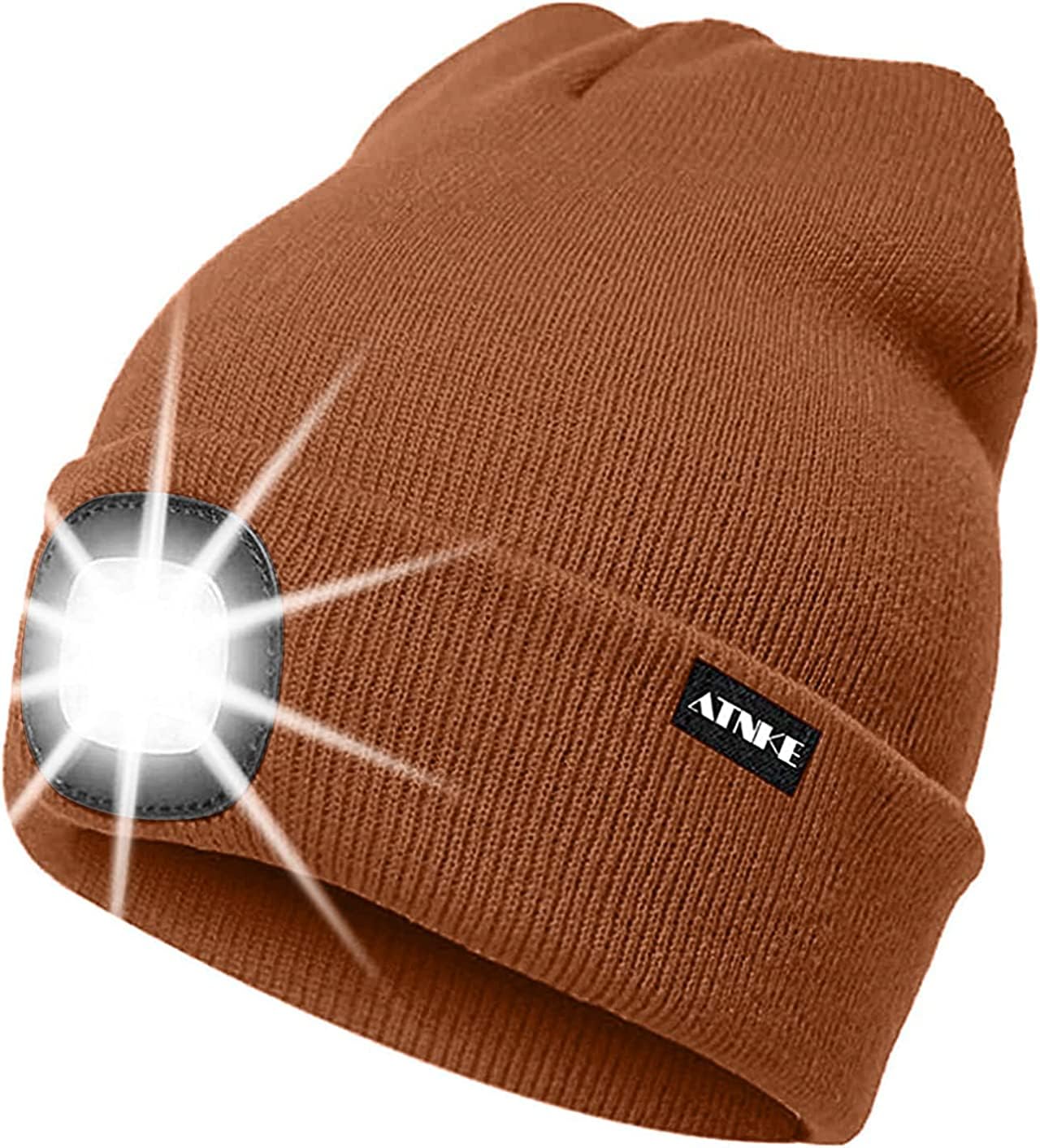 ATNKE LED Lighted Beanie Cap,USB Rechargeable Running Hat Ultra Bright 4 LED Waterproof Light Winter Warm Gifts for Men and Women/Red Brown