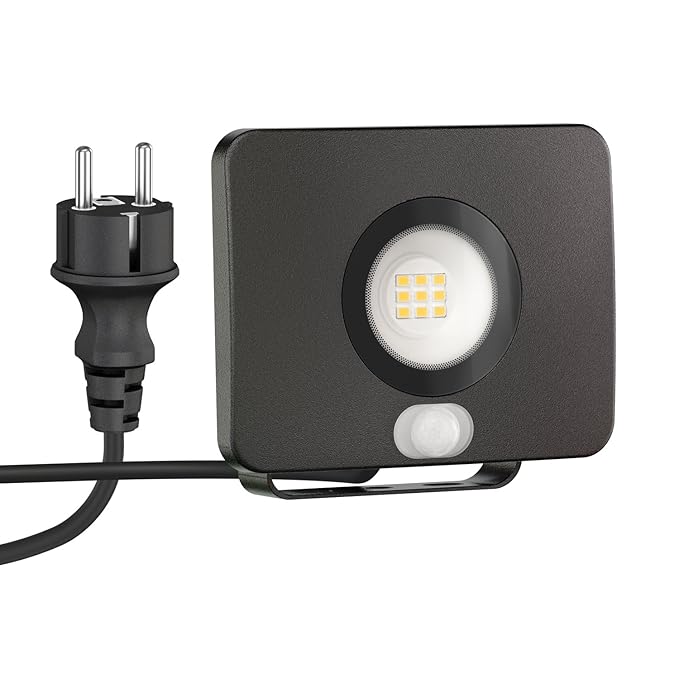 ledscom.de LED Außen-Strahler Wega mit Bewegungsmelder, flach Aluminium schwarz 10W 650lm warm-weiß