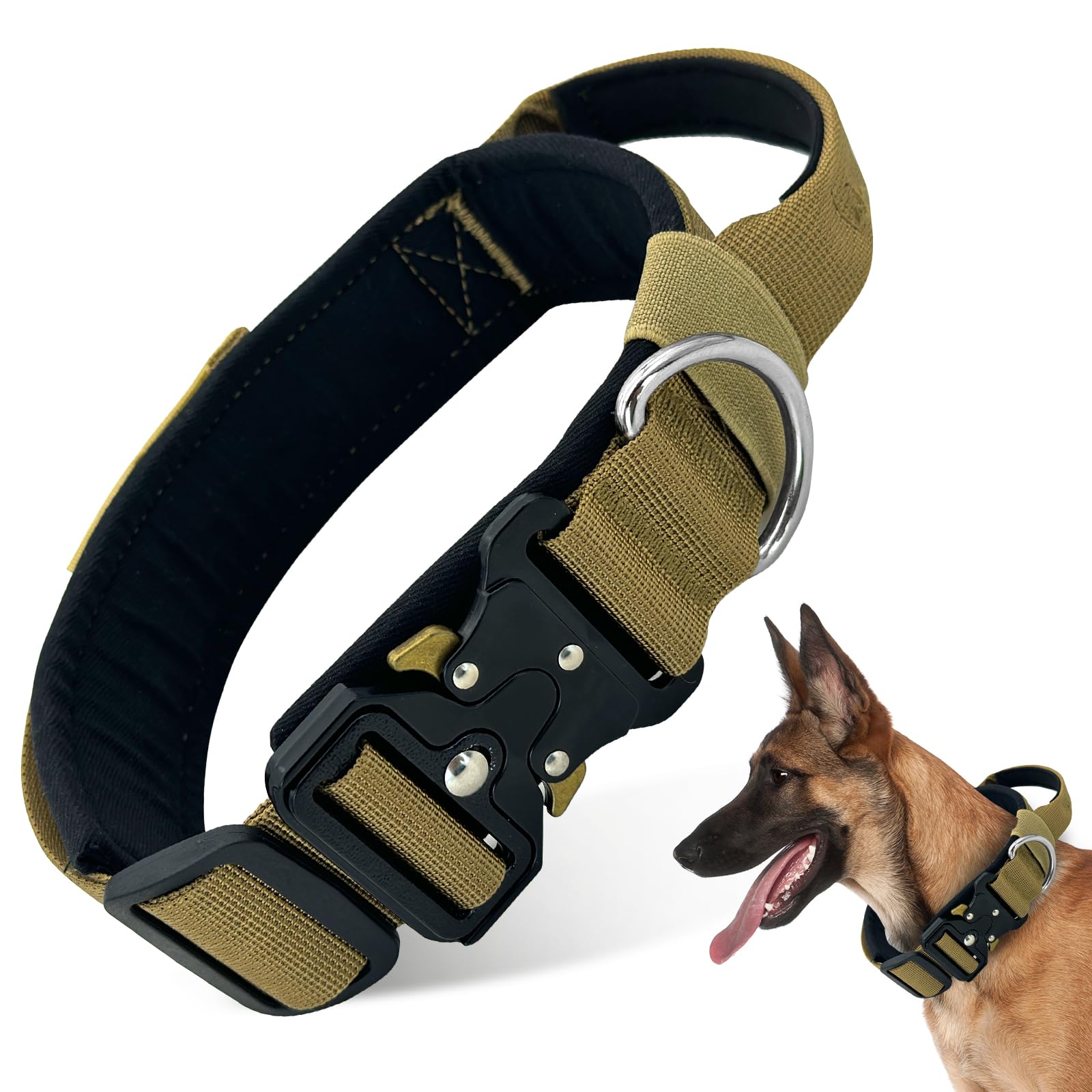 Boloshine Tactical Dog Collar with Handle, Military Training Dog Collar, Breathable Padded Adjustable Dog Collar with Heavy-Duty Metal Buckle for Medium Large Dogs (Khaki, M)