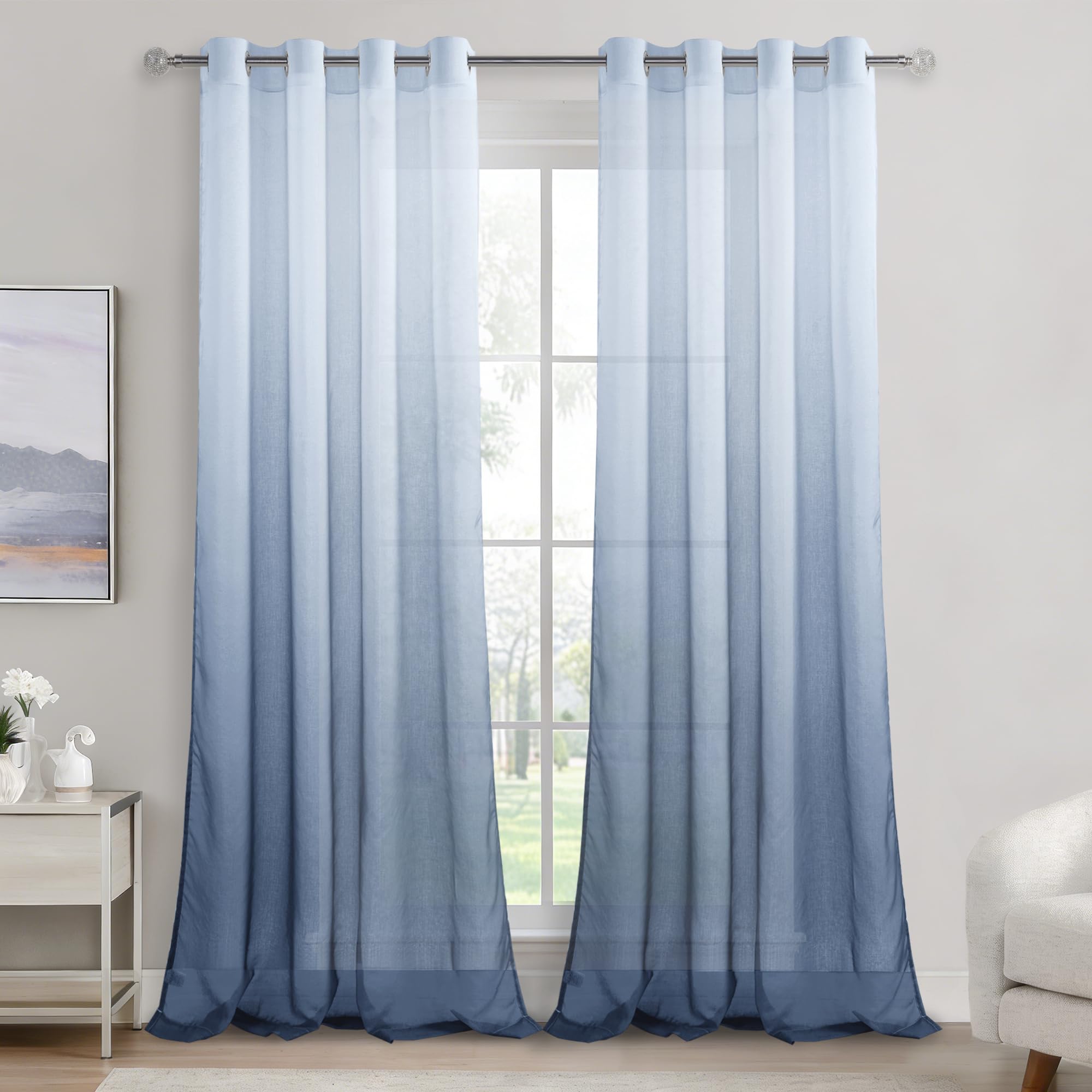 DWCN Voile Curtain Blue Gradient Curtains for Living Room Eyelet Net Curtains for Windows Sheer Curtains for Bedroom Set of 2,55 x 96 Inches