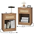 OAKHAM HOME Nightstand Set of 2, Rattan Night Stand with Type-C Charging Station, Bedside Table with Drawer, Boho Bed Side Table End Table Accent Table for Bedroom Living Room (Weathered Oak)