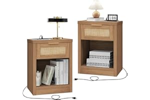 OAKHAM HOME Nightstand Set of 2, Rattan Night Stand with Type-C Charging Station, Bedside Table with Drawer, Boho Bed Side Table End Table Accent Table for Bedroom Living Room (Weathered Oak)