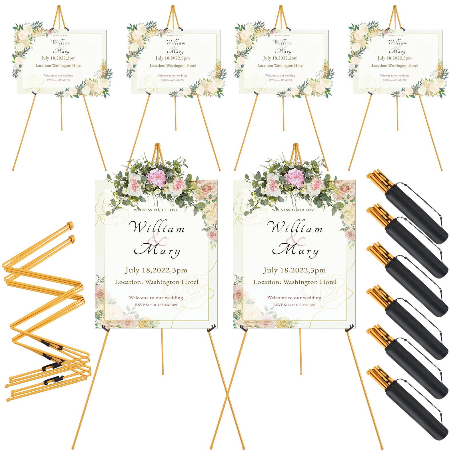 Photo 1 of (YELLOW/GOLD) 6 Pack Easel Stand for Wedding Sign & Poster 63" Foldable and Adjustable Floor Metal Easels for Display Painting Arts,with Portable Bag,Gold