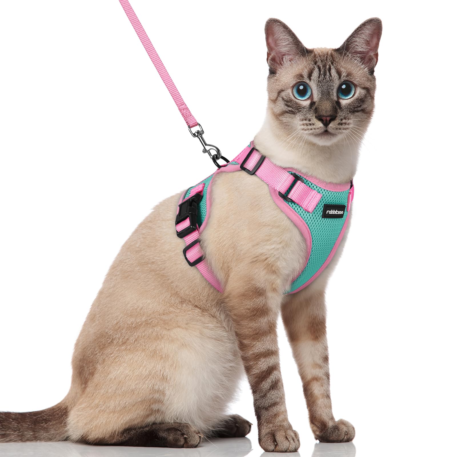 Photo 1 of rabbitgoo Cat Harness and Leash Set, Escape Proof Soft Adjustable Vest Harnesses for Outdoor Walking, Easy Control Breathable Kitten Jacket with Reflective Strips, Green & Pink, S