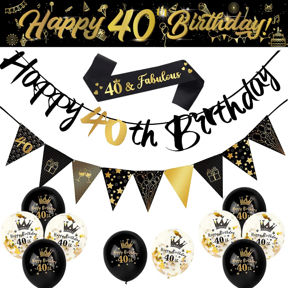 14 Piece 40th Happy Birthday Decorations Kit - Party Supplies, 9ft Banner, Triangle Flags, Confetti, Latex Balloons — image 1