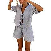 Yuemengxuan Women Y2k Peplum Shirt Shorts Set Two Piece Lounge Set Pajamas Sets Puff Sleeve Tie Front Top 2pcs Pj Outfits