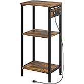 Asgolion Tall End Table with Charging Station, 3 Tier Narrow Tall Nightstand with Storage, Slim Side Table with USB Ports and Outlets for Bedroom, Living Room, Office, Rustic Brown and Black