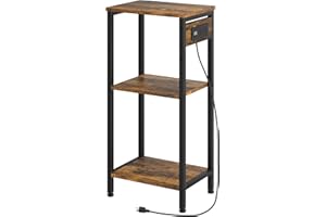 Asgolion Tall End Table with Charging Station, 3 Tier Narrow Tall Nightstand with Storage, Slim Side Table with USB Ports and Outlets for Bedroom, Living Room, Office, Rustic Brown and Black