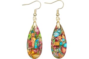 PLUMISS Boho Jasper Teardrop Earrings for Women, Natural Genuine Gemstone Dangle Earrings in Assorted Colors, Gold and Silver Fishhook Earrings Gift with Gift Box