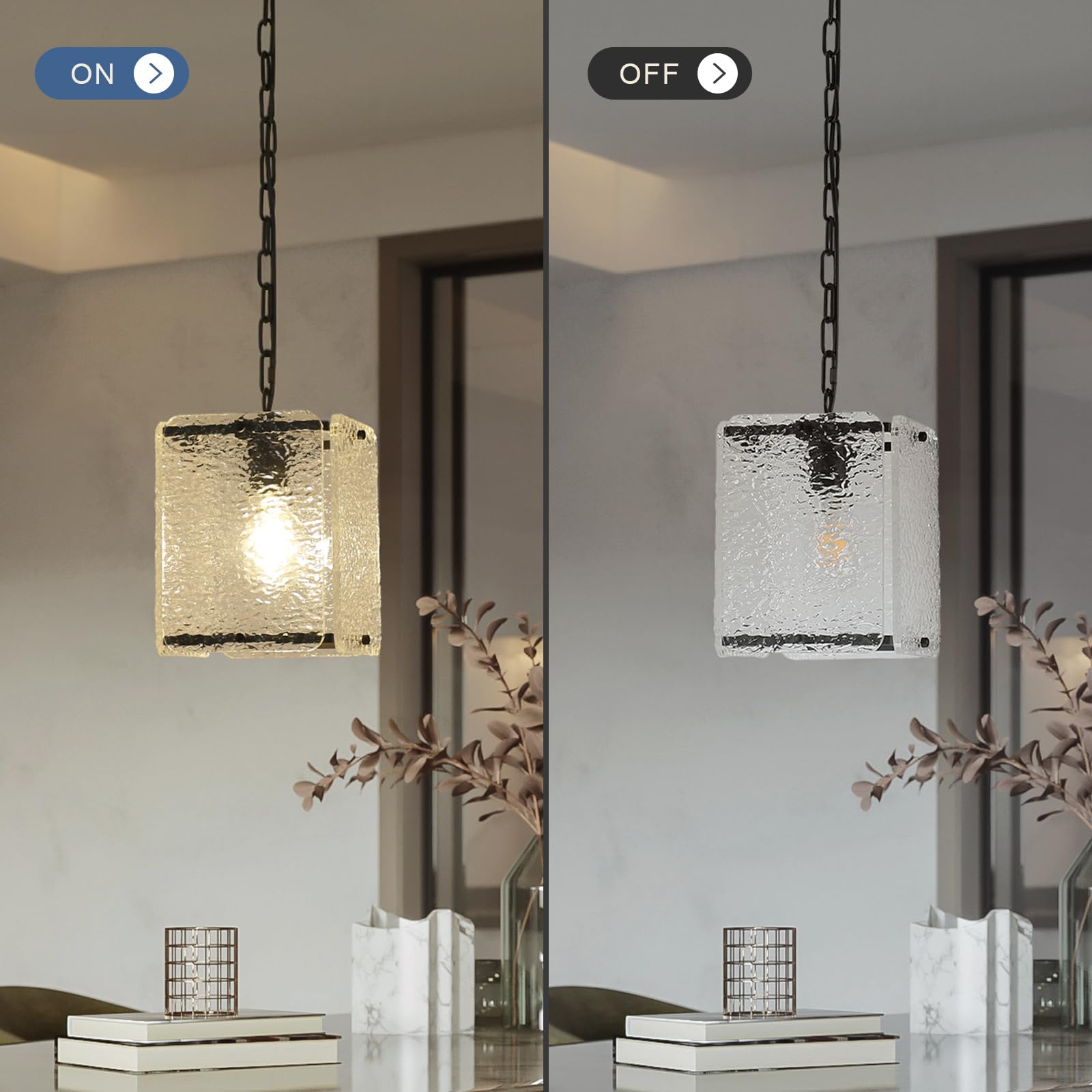 Bicrink Black Crystal Pendant Light for Kitchen Island Lights- Exquisite Elegant Chandelier with Water Ripple Glass - Height Adjustable - Dimmable - Great for Dining Room and Hallway., MT60026