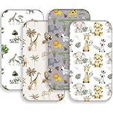 4 Pack Safari Jungle Animals Neutral Unisex Fitted Nursery Baby Sheets Set Toddler Mattress Sheets for Baby Boys or Girls (Bassinet Sheets)