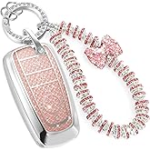 CTRINEWS for Ford Key Fob Cover with Fashionable Zirconia Wristlet KeyChain, Enchanting Diamond Patterns Soft Case for Fusion Mustang F150-350 Edge (5 Button) Shell (Pink, B)