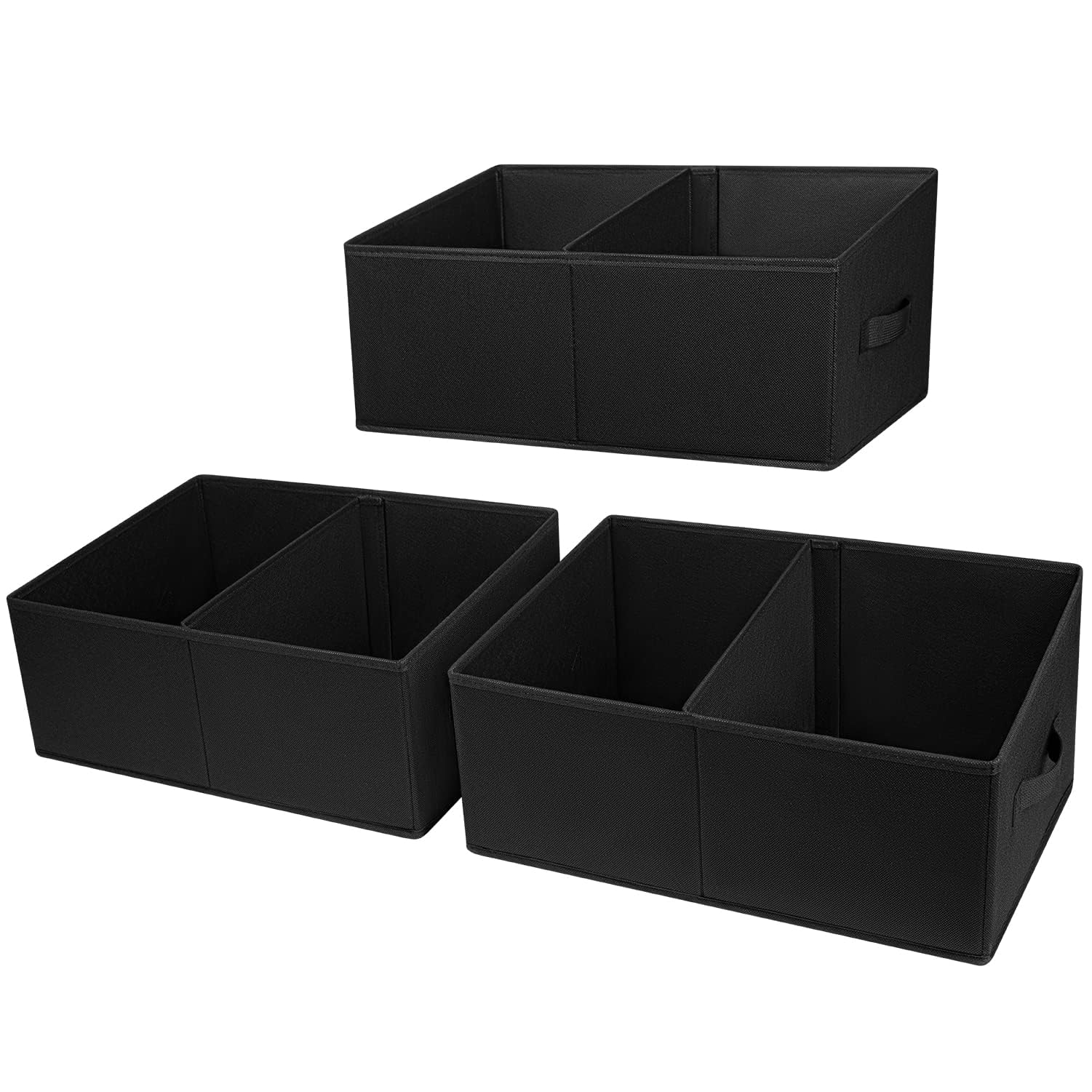 DIMJ 3 Pack Storage Boxes with Compartment, Foldable Storage Basket with Reinforced Handle, Trapezoid Fabric Wardrobe Storage Organiser Box for Clothes, Books, Toys, Closet, Shelves (Black)