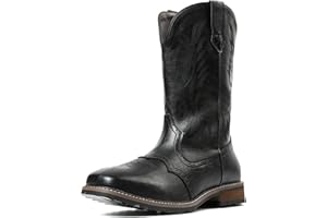 femflame Cowboy Boots For Men Square Toe Leather Western Boots Classic Embroidered Durable Slip Resistant Chunky Heel Pull On Distressed Work Boots