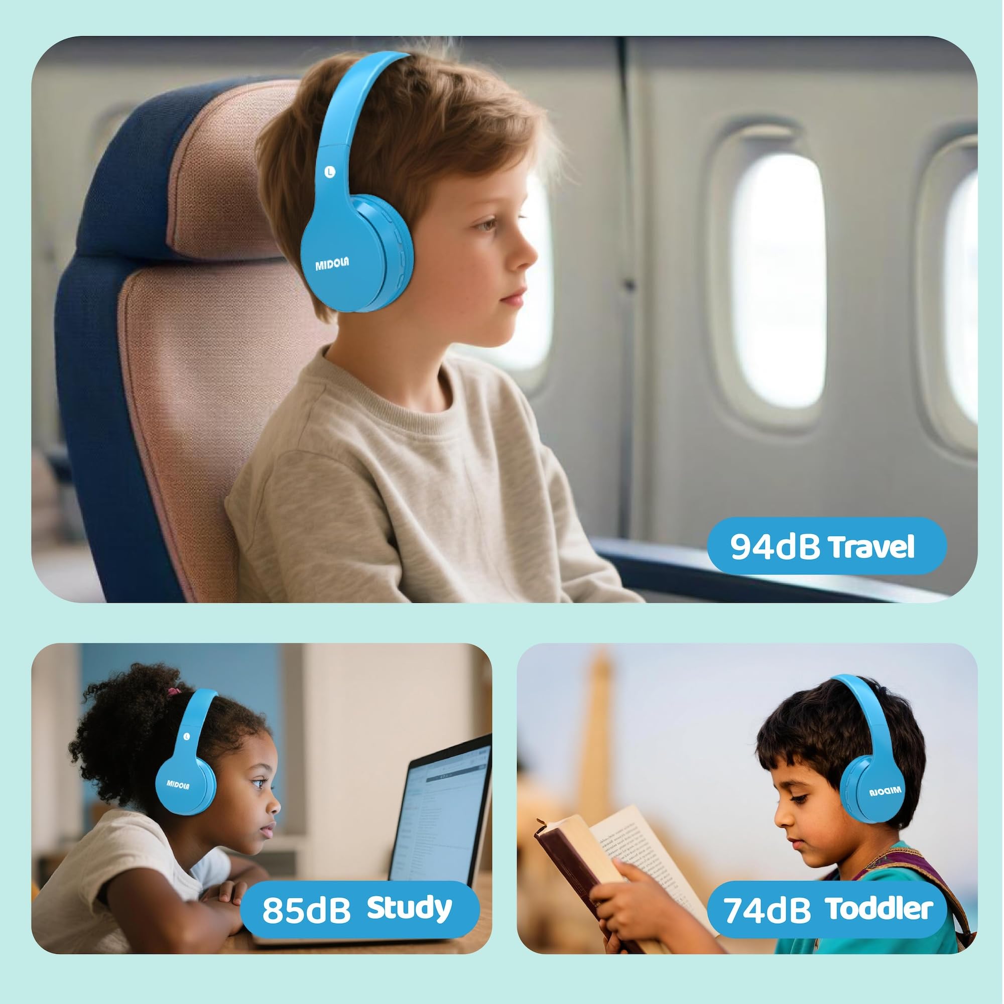 MIDOLA Kids Headphones Bluetooth 5.4 Wireless 68H Play Time Volume Limit 85/94dB Over-Ear Foldable Headset,Type-C Fast Charging,with Wired Aux Mic for Toddler Child Pad Tablet Blue