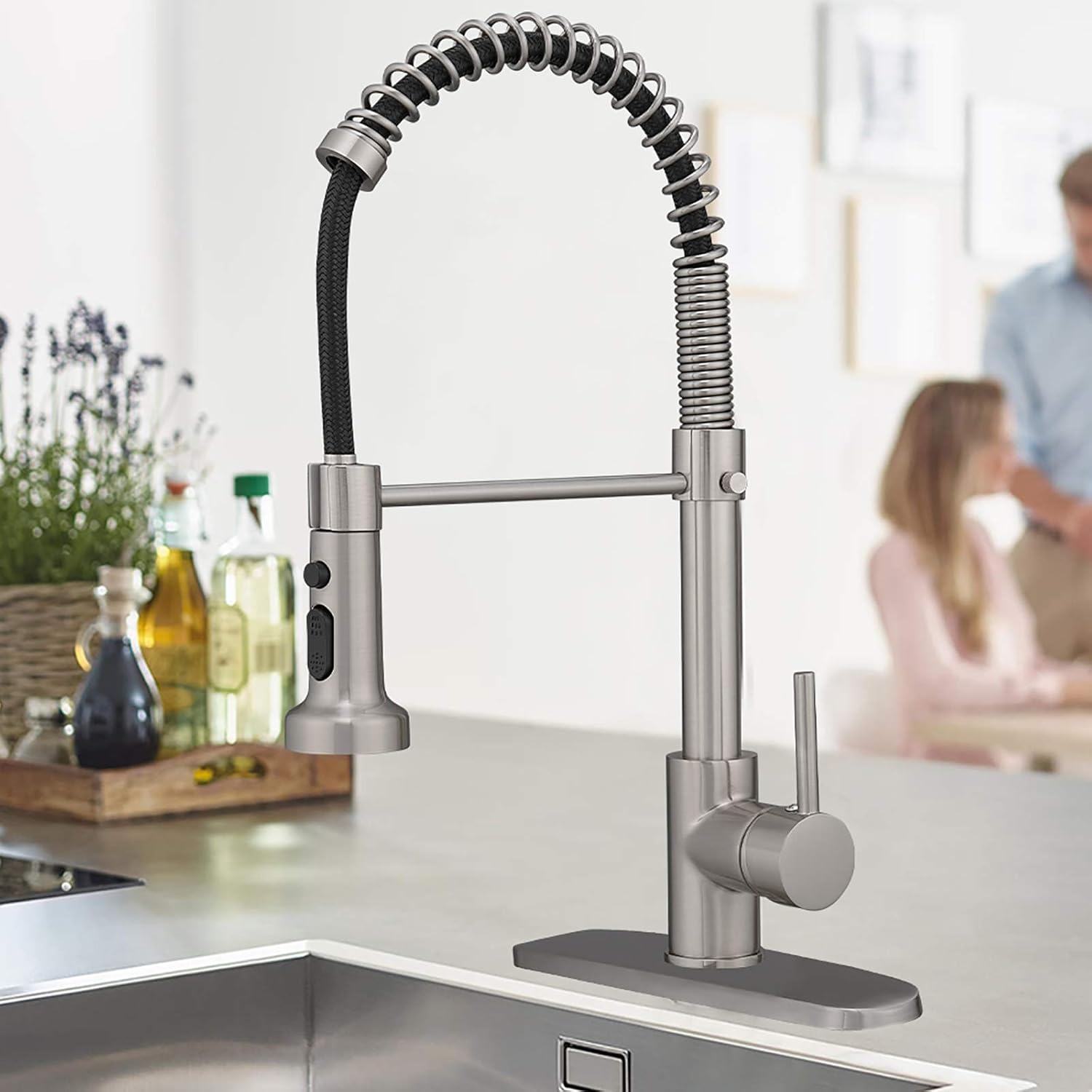BESy Commercial Kitchen Faucet with Pull Down Sprayer, High-Arc Single Handle Single Lever Spring Rv Kitchen Sink Faucet with Pull Out Sprayer, 3 Function Laundry Faucet, Matte Black - - 