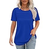 OFEEFAN Womens T Shirts Short Sleeve Tops Dressy Casual Blouses Spring Summer Outfits Flowy Pleated Front Scooped Neck