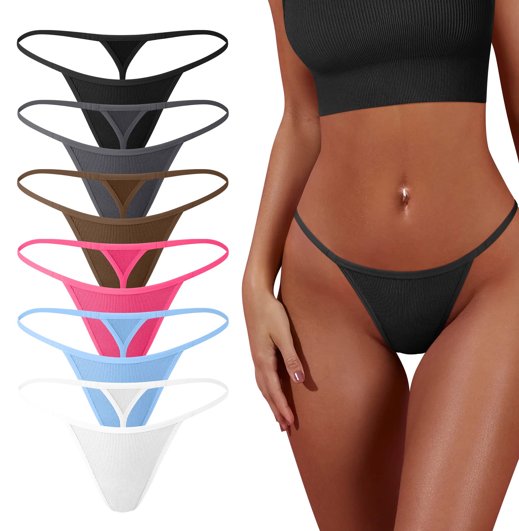 Photo 1 of OQQ 6 Pack G-String Thongs for Women Cotton Panties Stretch T-back Low Rise Sexy Underwear S-XL 1Black 1Grey,1Coffee 1Peachred 1Candyblue 1White