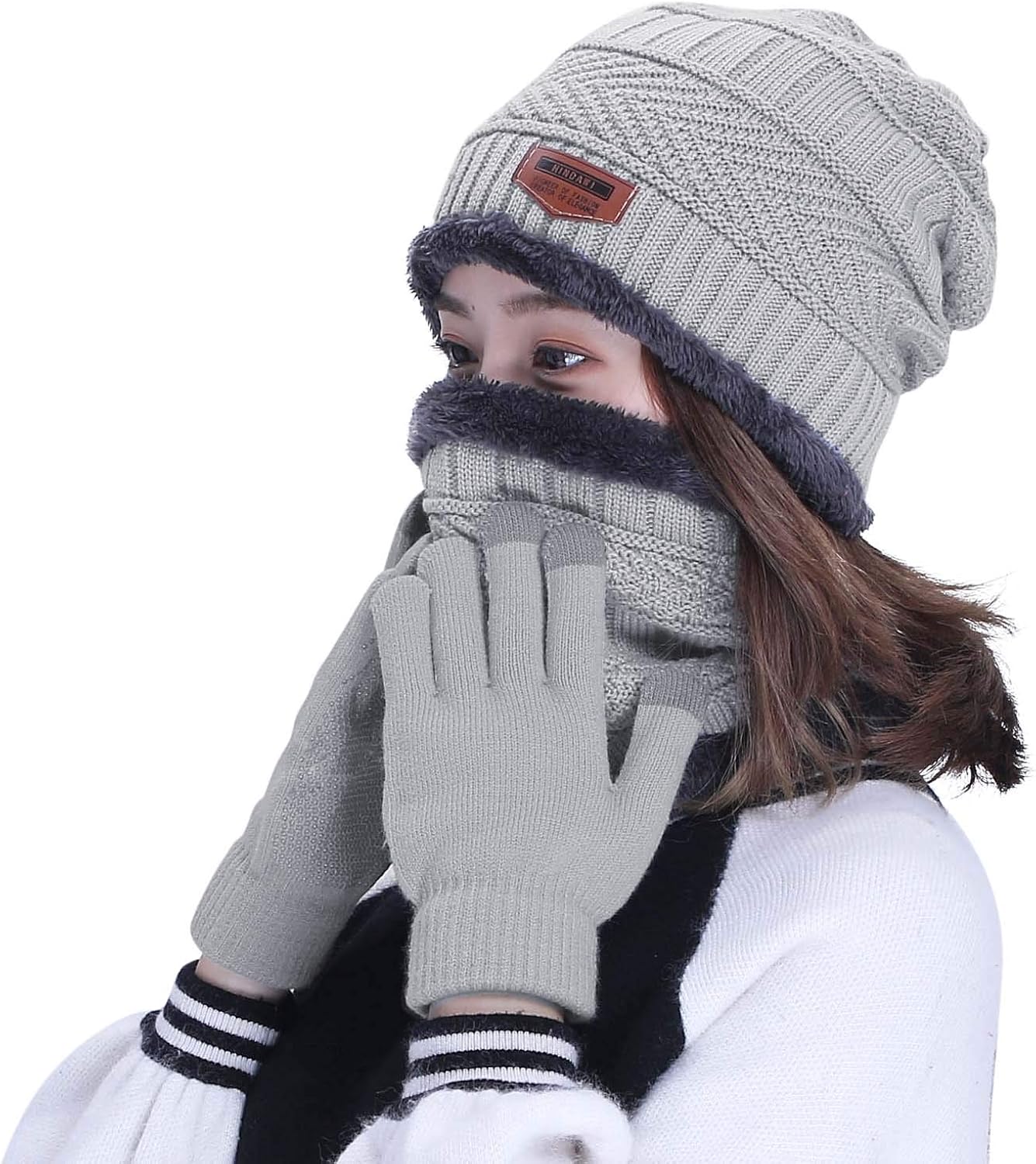 HINDAWI Winter Beanie Hat Scarf Gloves Set for Women Slouchy Snow Knit Skull Cap Infinity Scarves Touch Screen Gloves Mittens at  Women’s Clothing store: Hair Care Products
