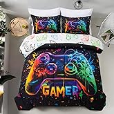 Holawakaka Twin Size Gaming Console Bed in A Bag 5 Pieces for Boys Gamer Comforter with Sheets Set for Kids Teens Graffiti Video Gamepad Quilt Bedding Set, Multi-Color Twin