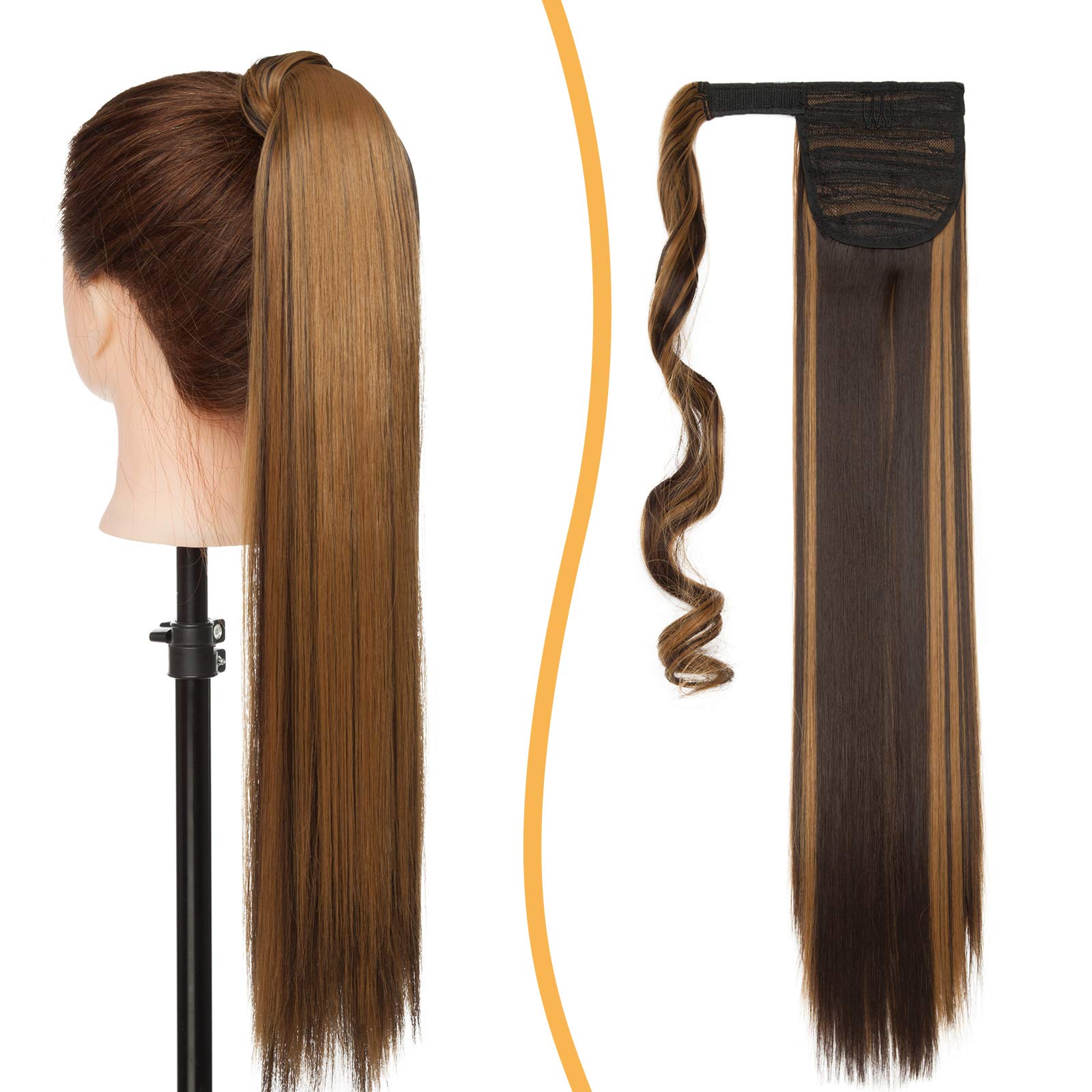 23 inch Wrap around Ponytail Extension Straight Pony Tails Synthetic Clip in Ponytail Hair Extensions Hairpiece for Women #Chocolate brown & brown