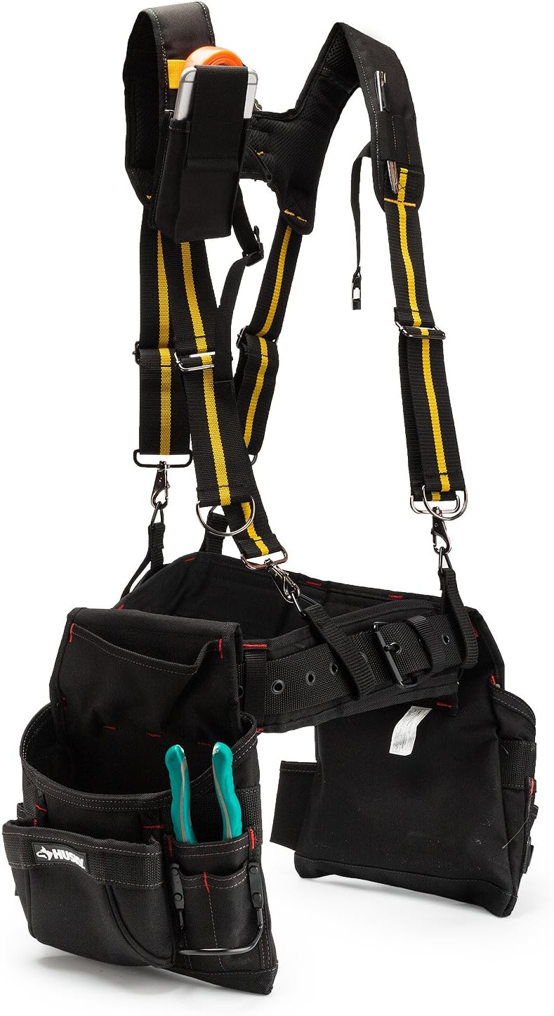 Melo Tough Suspenders Tool Belt Suspenders with Large Moveable Phone Holder, Pencil Holder, Adjustable Size Padded Suspenders (Yellow) - - 
