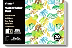 Funto Watercolor Paper Pads, 100% Cotton, 20 Sheets, 7x 5", 140lb (300gsm), Glue Bound, Double-Sided, Easy Tear Mini Watercol