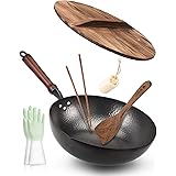Bielmeier Wok Pan 12.5", Woks and Stir Fry Pans with lid, Carbon Steel Wok with Gloves & Cookware Accessories, Wok with Lid S