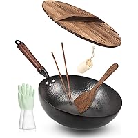 Bielmeier Wok Pan 12.5", Woks and Stir Fry Pans with lid, Carbon Steel Wok with Gloves & Cookware Accessories, Wok with…